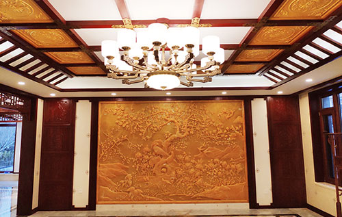 东阳中式别墅客厅中式木作横梁吊顶装饰展示